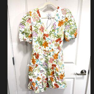 And other stories, mini dress, puff sleeve, floral spring colors, white, size 12
